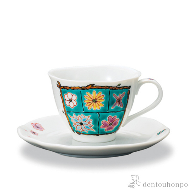 【送料無料】カップ&ソーサー フラワーBOX グリーン≪在庫確認後、1~3営業日で出荷≫ ( セット ソーサー ティーカップ 美味しい おすすめ 九谷焼 )