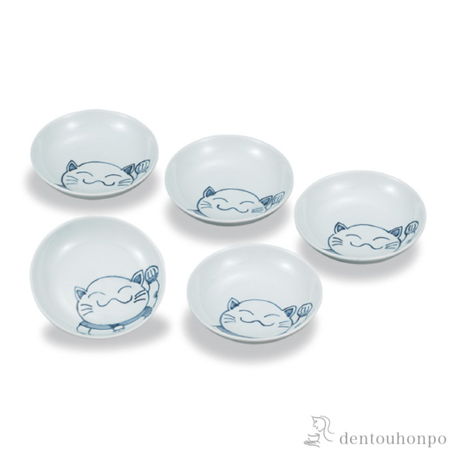 【送料無料】皿揃 招き猫 4.2号 5枚セット≪在庫確認後、1~3営業日で出荷≫ ( 和食器セット お皿 揃える 食器 和食 九谷焼 )