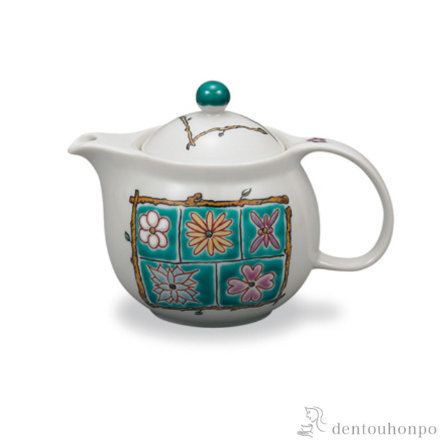 ポット急須 フラワーBOX グリーン 茶こし付≪在庫確認後、1~3営業日で出荷≫ ( ティーポット お茶 煎茶 日本茶 おすすめ 九谷焼 )