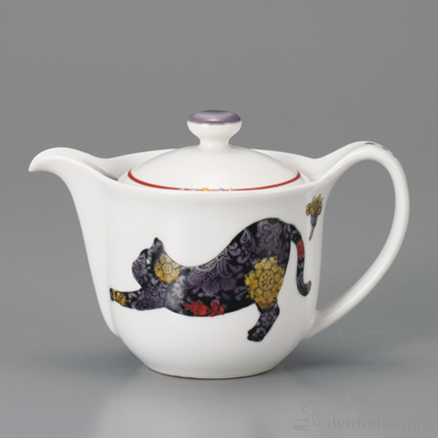 ポルトガル王室御用達メトロポリタン美術館コラボ 陶器 茶入れ ティーキャディ ポット急須 ボタニカル青手 猫 茶こし付 / 初任給 プレゼント 父の日