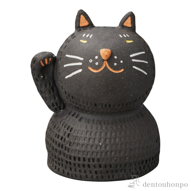置物 餅ねこ 黒≪在庫確認後、10~14営業日程で出荷≫ ( へちもん 木札名入れ有料 置物 幸運 開運 まねきねこ 風水 信楽焼 )