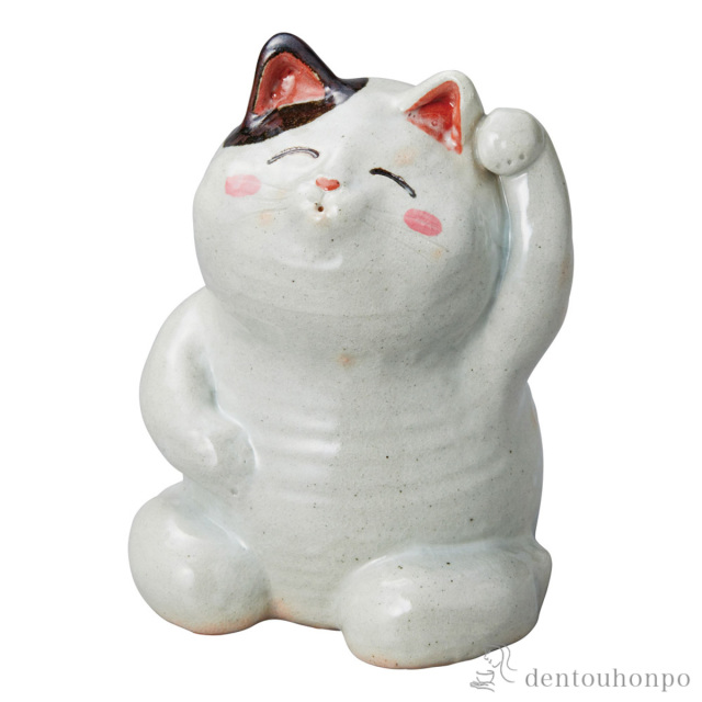 【送料無料】置物 しあわせ猫 てまねき 大≪在庫確認後、10~14営業日程で出荷≫ ( へちもん 木札名入れ有料 置物 幸運 開運 まねきねこ 風水 信楽焼 )
