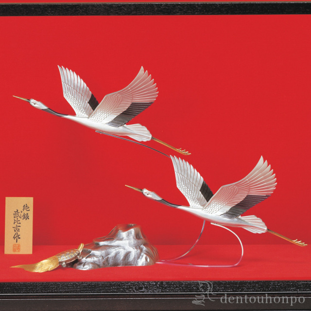武比古作 純銀製 鶴 3号(2羽) ケース付き装飾品