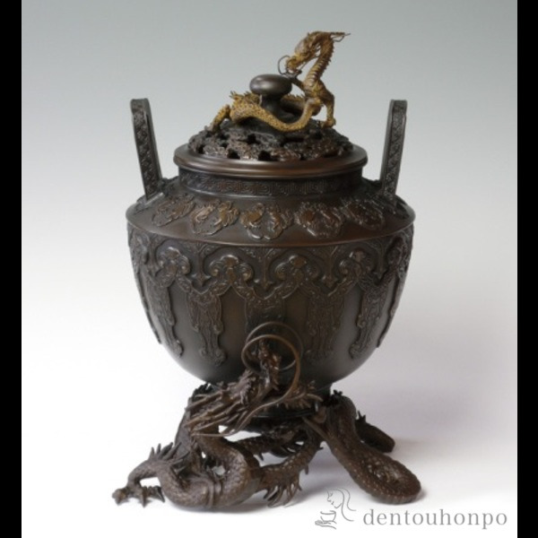 【送料無料】銅製 龍足雲龍蓋香炉≪在庫確認後、21営業日程で出荷≫ ( お香 線香 リラックス 仏具 人気 高岡銅器 )