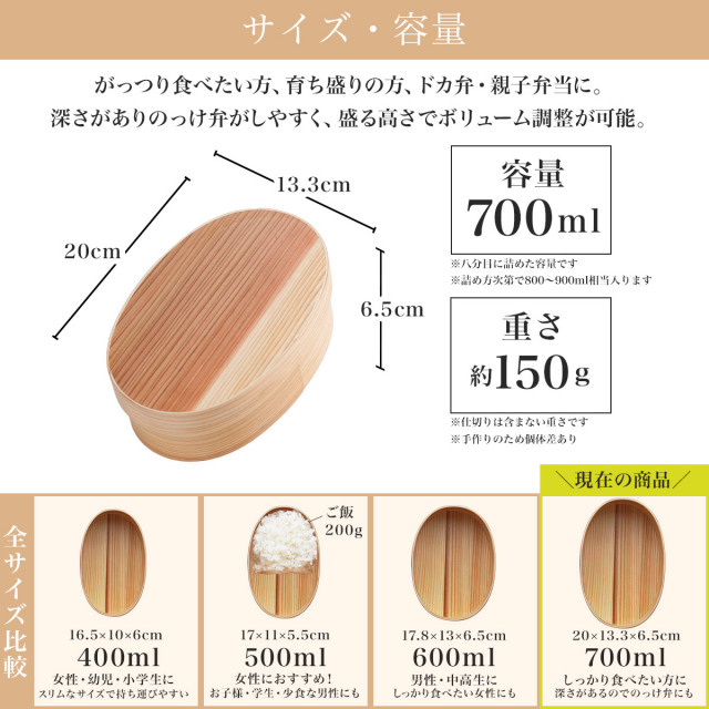 木製 曲げわっぱ 弁当箱 レンジ対応・食洗機対応 700ml 仕切り・ランチ