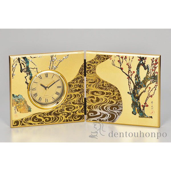 【楽天市場】【５のつく日 Ｐ５倍＋まとめ割クーポン5～15％OFF】山中漆器 光琳梅 木製屏風時計【名入れ刻印可】（退職祝 漆器 金沢箔 工芸品  外国人 海外出張 お歳暮 土産 日本製 ギフト 海外発送可 プレゼント 和雑貨 お祝 記念 置時計 誕生日 山中漆器　屏風時計 光琳梅　置き時計