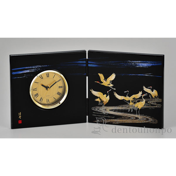 屏風時計 雅鶴≪在庫確認後、1~3営業日で出荷≫ ( 名入れ有料 置時計 置き時計 アクセサリー パソコンデスク 人気 山中漆器 )