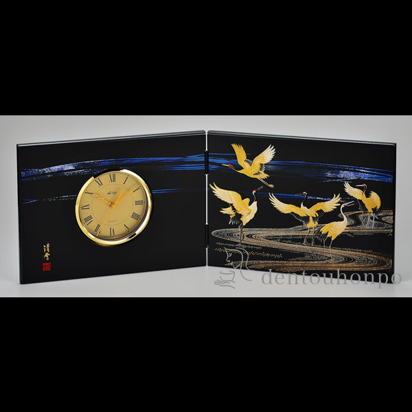 【送料無料】屏風時計 雅鶴 大≪在庫確認後、1~3営業日で出荷≫ ( 名入れ有料 置時計 置き時計 アクセサリー パソコンデスク 人気 山中漆器 )