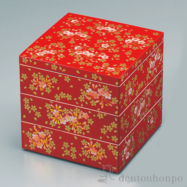 三段重 桜づくし 朱 5寸≪在庫確認後、1~3営業日で出荷≫ ( お正月 新年 おせち 運動会 漆塗り お正月 人気 山中漆器 )