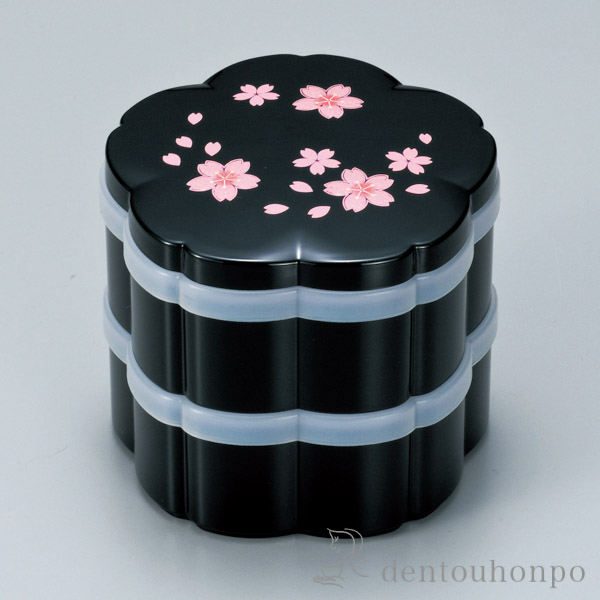桜二段小重 舞桜 黒 4寸 シール付≪在庫確認後、1~3営業日で出荷≫ ( 父の日 プレゼント 初任給 おせち 運動会 漆塗り お正月 人気 山中漆器 )