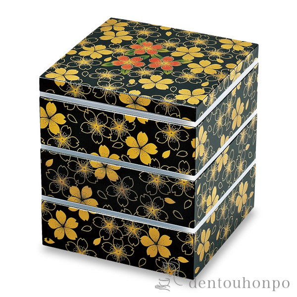 【送料無料】角三段重 華の舞 黒 5寸 シール付≪在庫確認後、1~3営業日で出荷≫ ( 父の日 プレゼント 初任給 おせち 運動会 漆塗り お正月 人気 山中漆器 )