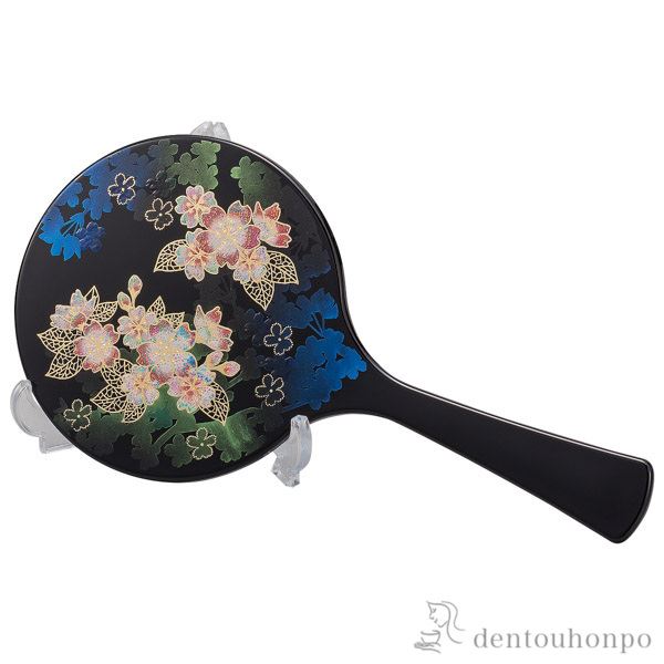手鏡・スタンド付 輝桜≪在庫確認後、1~3営業日で出荷≫ ( 名入れ有料 ハンドミラー コンパクト お土産 記念品 アンティーク 山中漆器 )