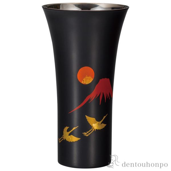 【送料無料】漆磨カップ シングルL 手描き 富士に鶴≪在庫確認後、1~3営業日で出荷≫ ( 漆磨 ビールグラス ビアグラス タンブラー おすすめ 人気 山中漆器 )