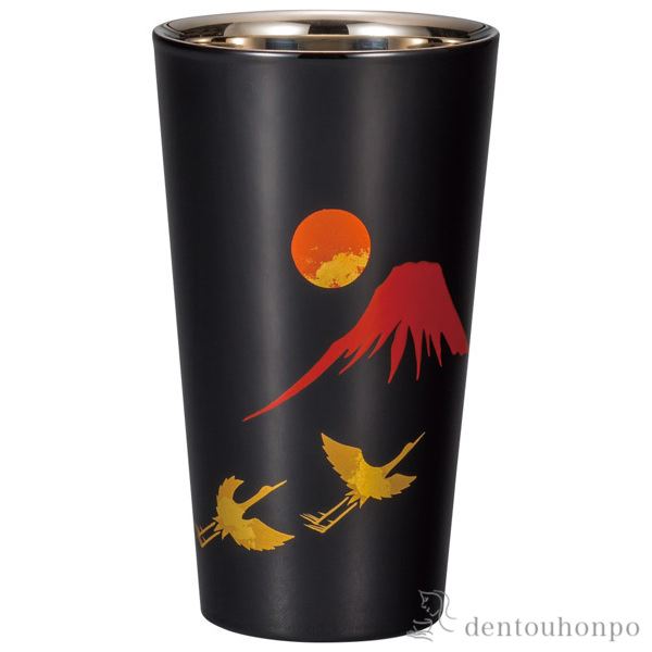 【送料無料】漆磨カップ 2重ストレート 手描き 富士に鶴≪在庫確認後、1~3営業日で出荷≫ ( 漆磨 ビールグラス ビアグラス 保温 保冷 人気 山中漆器 )