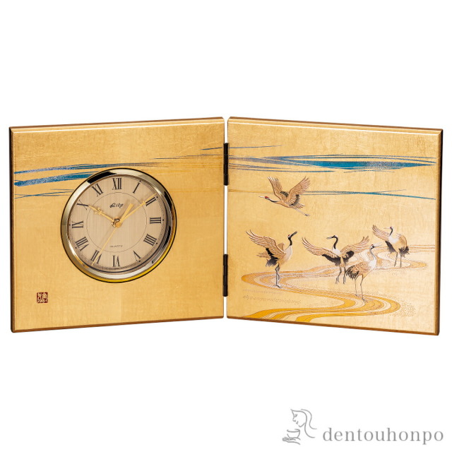 【送料無料】屏風時計 雅鶴 金 大≪在庫確認後、1~3営業日で出荷≫ ( 名入れ有料 置時計 置き時計 アクセサリー パソコンデスク 人気 山中漆器 )
