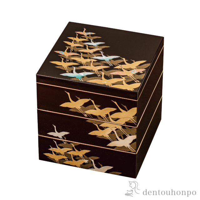 木製 本うるし塗りあずき色 三段重箱 