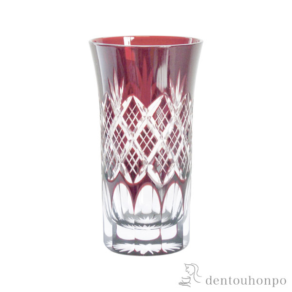 【送料無料】江戸切子 重ね矢来・菊底 一口ビール　赤 江戸切子≪約半年で出荷予定≫ ( 田島硝子 タンブラー ビアグラス ビアカップ プレゼント 人気 江戸切子 )