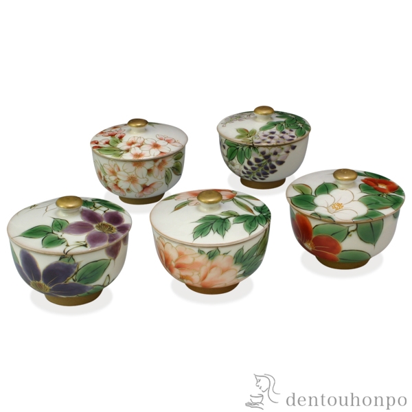 【送料無料】蓋付お茶呑茶碗 絵変わり 富貴五草花 5客セット≪在庫確認後、1~3営業日で出荷≫ ( 名入れ有料 茶器セット 急須 湯呑み 日本茶 中国茶 清水焼 京焼 )