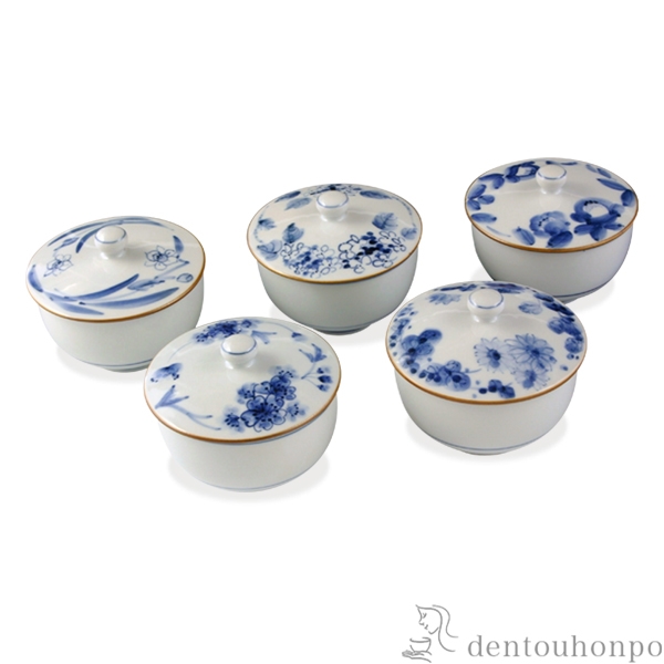 【送料無料】蓋付お茶呑茶碗 絵変わり 染草花 5客セット≪在庫確認後、1~3営業日で出荷≫ ( 名入れ有料 母の日 プレゼント 初任給 茶器セット 急須 湯呑み 日本茶 中国茶 清水焼 京焼 )