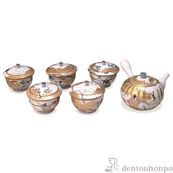【送料無料】急須茶器揃 源氏物語  蓋付 お茶呑茶碗５客・急須１個セット≪在庫確認後、1~3営業日で出荷≫ ( 名入れ有料 茶器セット 急須 湯呑み 日本茶 中国茶 清水焼 京焼 )