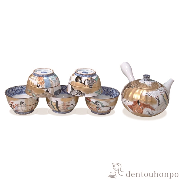 【送料無料】急須茶器揃 源氏物語 お茶呑茶碗５客・急須１個セット≪在庫確認後、1~3営業日で出荷≫ ( 名入れ有料 茶器セット 急須 湯呑み 日本茶 中国茶 清水焼 京焼 )