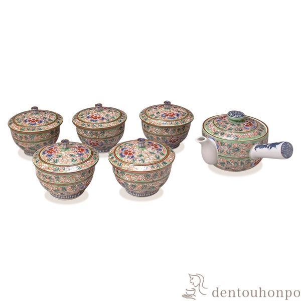 【送料無料】急須茶器揃 ヒワ花雲  蓋付 お茶呑茶碗５客・急須１個セット≪在庫確認後、1~3営業日で出荷≫ ( 名入れ有料 茶器セット 急須 湯呑み 日本茶 中国茶 清水焼 京焼 )