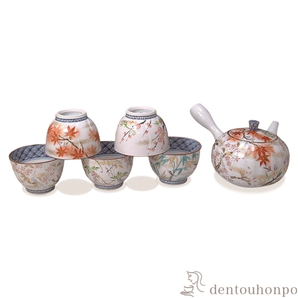 【送料無料】急須茶器揃 彩花鳥 お茶呑茶碗５客・急須１個セット≪在庫確認後、1~3営業日で出荷≫ ( 名入れ有料 茶器セット 急須 湯呑み 日本茶 中国茶 清水焼 京焼 )