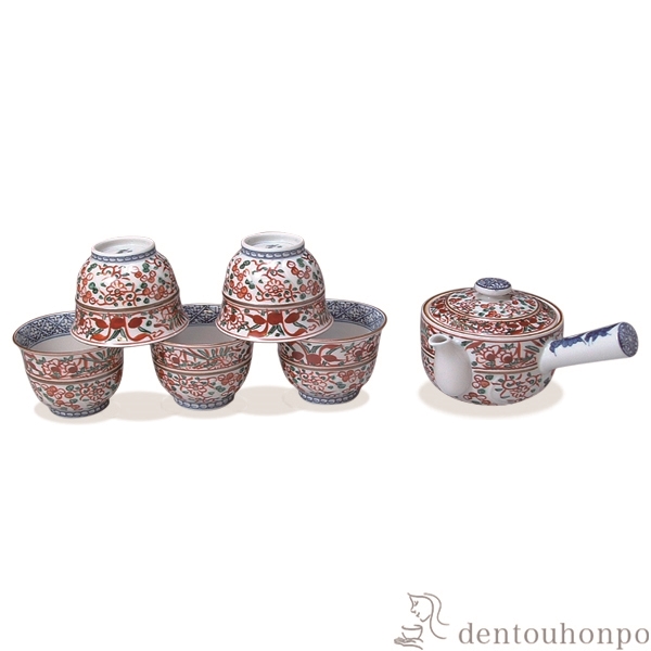 【送料無料】急須茶器揃 彫赤絵花鳥 お茶呑茶碗５客・急須１個セット≪在庫確認後、1~3営業日で出荷≫ ( 名入れ有料 茶器セット 急須 湯呑み 日本茶 中国茶 清水焼 京焼 )