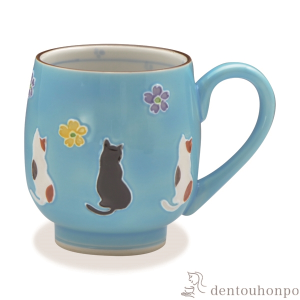 【送料無料】マグカップ 交趾花ねこ 青≪注文後に商品取り寄せ、後日納期連絡致します≫ ( 母の日 プレゼント 初任給 プレゼント デザイン マグ オリジナル タンブラー 清水焼 京焼 )