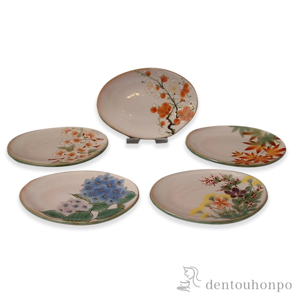 【送料無料】楕円皿揃 白掛五草花 5個セット≪在庫確認後、1~3営業日で出荷≫ ( 名入れ有料 和食器セット お皿 揃える 食器 和食 清水焼 京焼 )