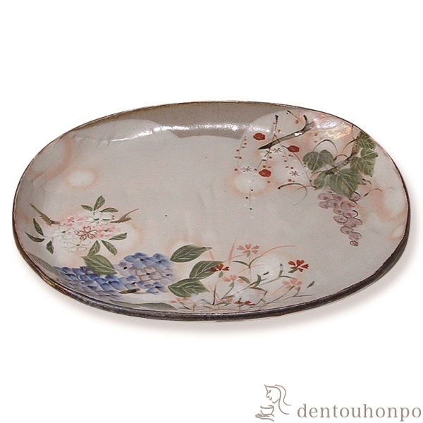 【送料無料】九寸楕円皿 四季草花≪在庫確認後、1~3営業日で出荷≫ ( 名入れ有料 母の日 プレゼント 初任給 プレート おつまみ 料理 和食 洋食 清水焼 京焼 )