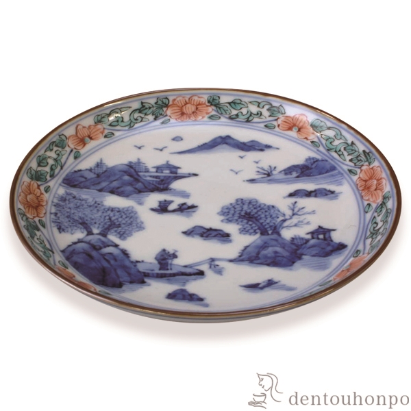 【送料無料】四寸皿 色絵染山水≪在庫確認後、1~3営業日で出荷≫ ( 名入れ有料 母の日 プレゼント 初任給 プレート 醤油皿 豆皿 和食 洋食 清水焼 京焼 )