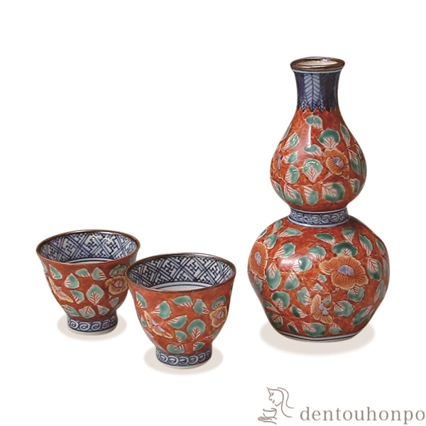【送料無料】お預け酒器 赤濃牡丹唐草 徳利1個・ぐい呑2個≪在庫確認後、1~3営業日で出荷≫ ( 名入れ有料 酒器 日本酒 冷酒 プレゼント 人気 清水焼 京焼 )