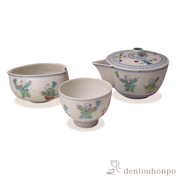【送料無料】小茶器揃 淡彩唐子 宝瓶1個・さまし1個・碗5個セット≪在庫確認後、1~3営業日で出荷≫ ( 名入れ有料 茶器セット 急須 湯呑み 日本茶 中国茶 清水焼 京焼 )