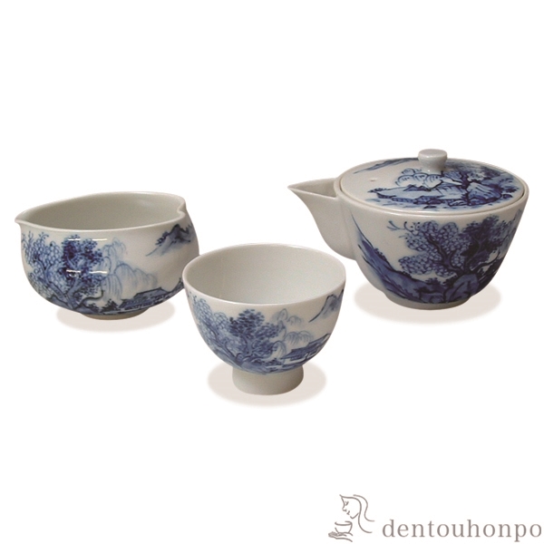 【送料無料】小茶器揃 染山水 宝瓶1個・さまし1個・碗5個セット≪在庫確認後、1~3営業日で出荷≫ ( 名入れ有料 茶器セット 急須 湯呑み 日本茶 中国茶 清水焼 京焼 )