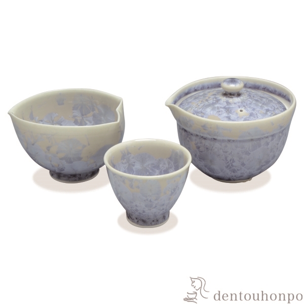 【送料無料】小茶器揃 花結晶 銀藤 宝瓶1個・さまし1個・碗5個セット≪在庫確認後、1~3営業日で出荷≫ ( 名入れ有料 茶器セット 急須 湯呑み 日本茶 中国茶 清水焼 京焼 )