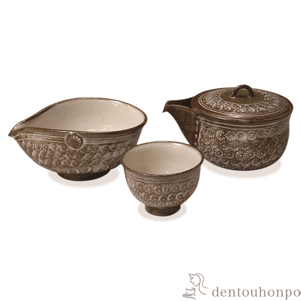 【送料無料】小茶器揃 菊三島 宝瓶1個・さまし1個・碗5個セット≪在庫確認後、1~3営業日で出荷≫ ( 名入れ有料 母の日 プレゼント 初任給 茶器セット 急須 湯呑み 日本茶 中国茶 清水焼 京焼 )