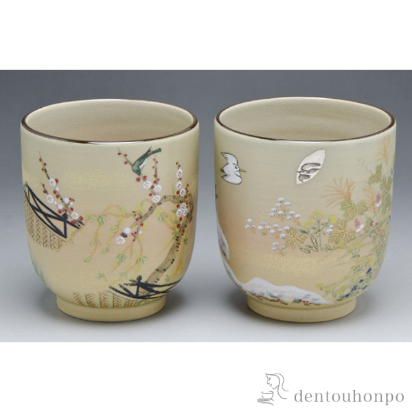 【送料無料】ペア湯呑 抱一倣）四季花鳥図≪在庫確認後、1~3営業日で出荷≫ ( 木箱名入れ有料 湯のみ ゆのみ 湯飲み セット プレゼント セット 清水焼 京焼 )