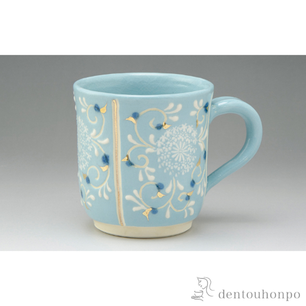 【送料無料】マグカップ 淡彩三島（青）≪在庫確認後、1~3営業日で出荷≫ ( 退職祝い 定年 プレゼント デザイン マグ オリジナル タンブラー 清水焼 京焼 )