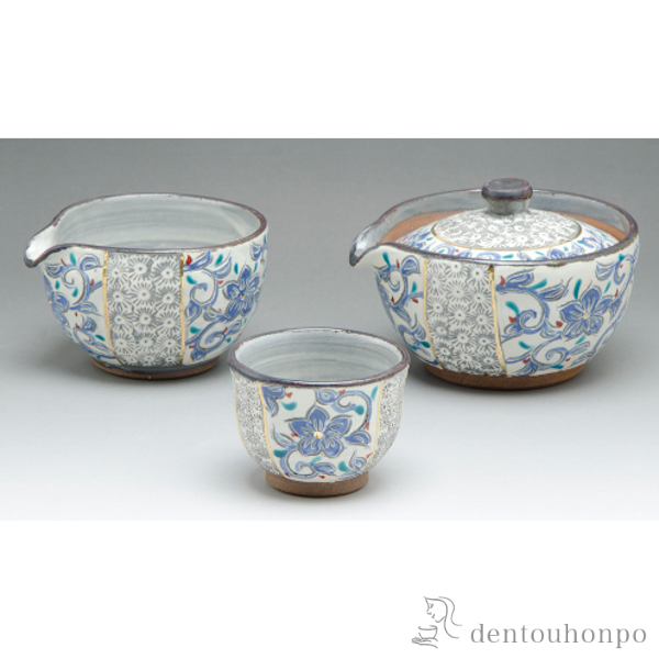 【送料無料】小茶器揃 三島唐草 ７点≪注文後に商品取り寄せ、後日納期連絡致します≫ ( 退職祝い 定年 湯のみ 急須 ポット プレゼント 日本茶 清水焼 京焼 )