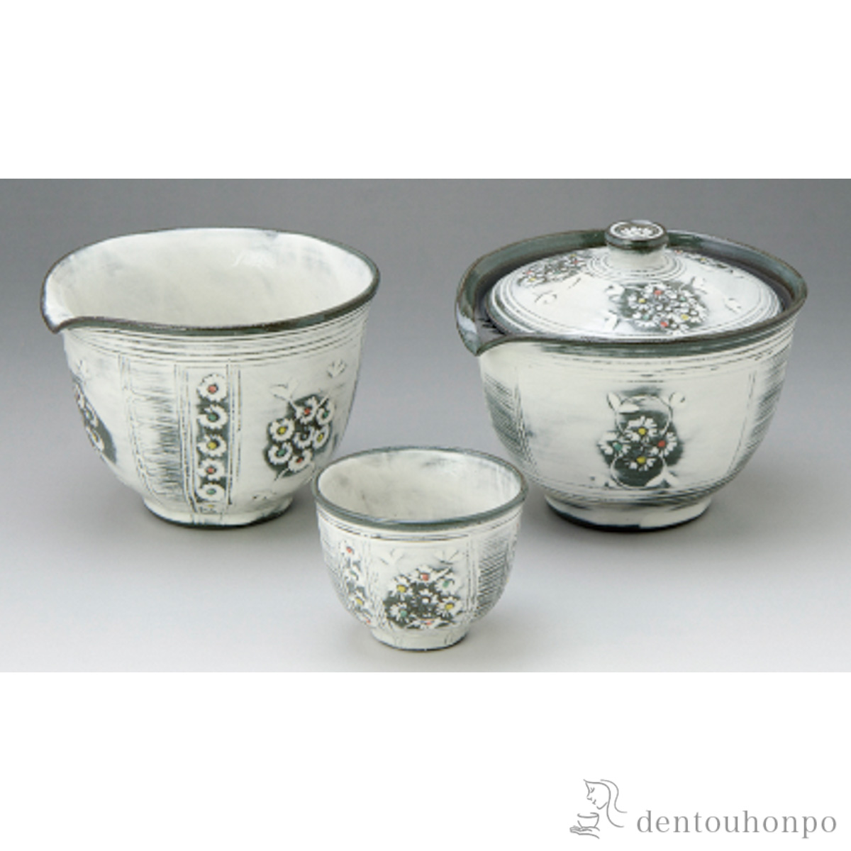 【送料無料】小茶器揃 彩三島 宝瓶1個・湯ざまし1個・碗5個セット≪在庫確認後、1~3営業日で出荷≫ ( 名入れ有料 母の日 プレゼント 初任給 茶器セット 急須 湯呑み 日本茶 中国茶 清水焼 京焼 )