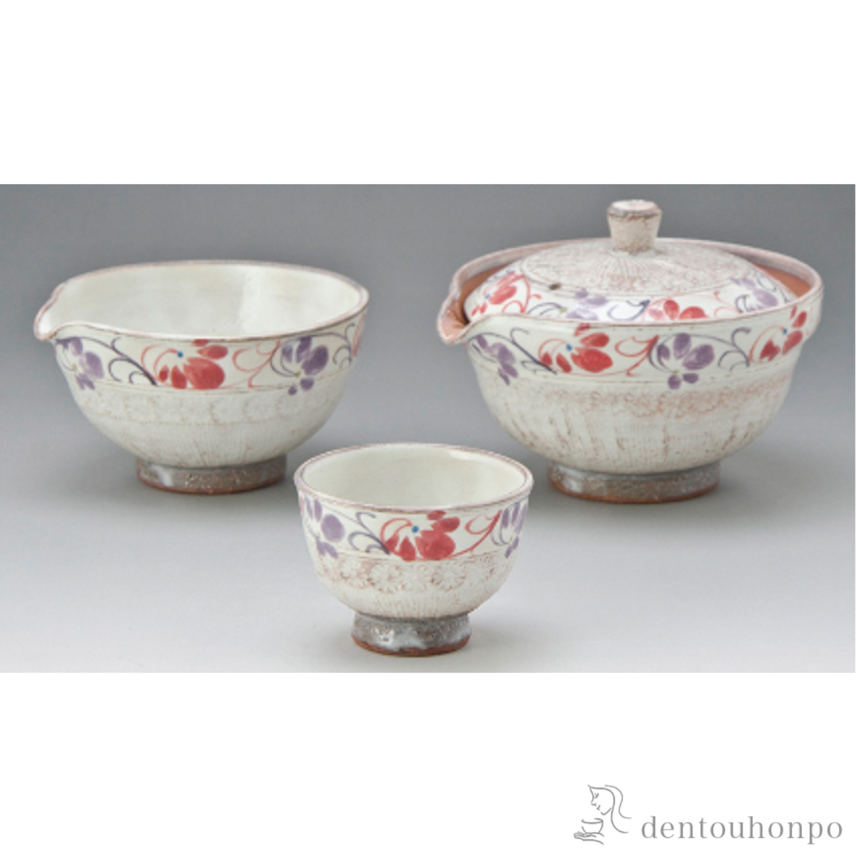 【送料無料】小茶器揃 粉引唐草 宝瓶1個・湯ざまし1個・碗5個セット≪在庫確認後、1~3営業日で出荷≫ ( 名入れ有料 母の日 プレゼント 初任給 茶器セット 急須 湯呑み 日本茶 中国茶 清水焼 京焼 )