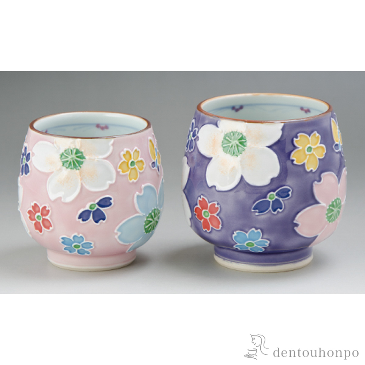 【送料無料】交趾花絵 組湯呑 ピンク 紫 ペア≪在庫確認後、1~3営業日で出荷≫ ( 母の日 プレゼント 初任給 湯呑み 湯のみ セット 湯飲み おすすめ 清水焼 京焼 )