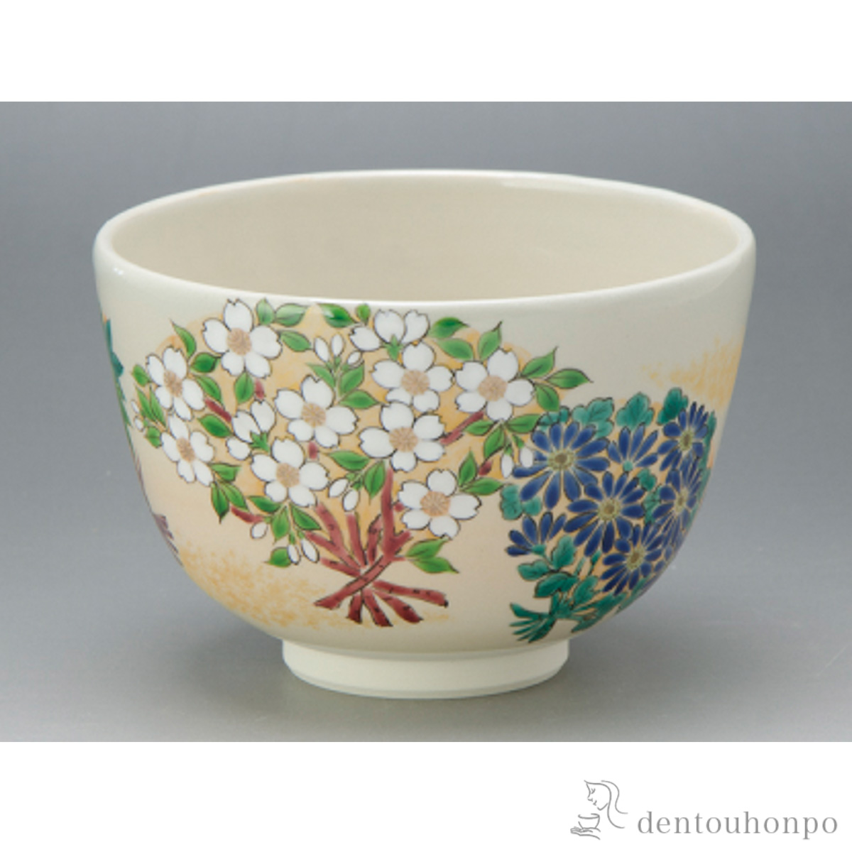 【送料無料】扇面四季草花 抹茶碗　≪在庫確認後、1~3営業日で出荷≫ ( 名入れ有料 抹茶碗 茶道具 茶器 お稽古用 抹茶 清水焼 京焼 )