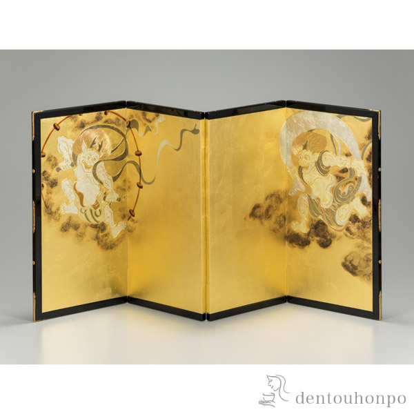 【送料無料】四曲小屏風 風神雷神図≪3ヶ月程で出荷予定≫ ( 木札名入れ有料 和室 洋室 応接室 法人 和室 金沢金箔 )
