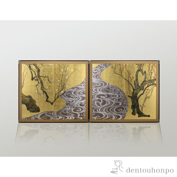 【送料無料】二曲一双屏風 紅白梅図≪3ヶ月程で出荷予定≫ ( 木札名入れ有料 和室 洋室 応接室 法人 和室 金沢金箔 )