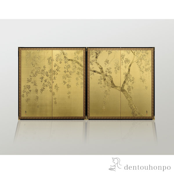 【送料無料】二曲一双屏風 しだれ桜≪3ヶ月程で出荷予定≫ ( 木札名入れ有料 和室 洋室 応接室 法人 和室 金沢金箔 )