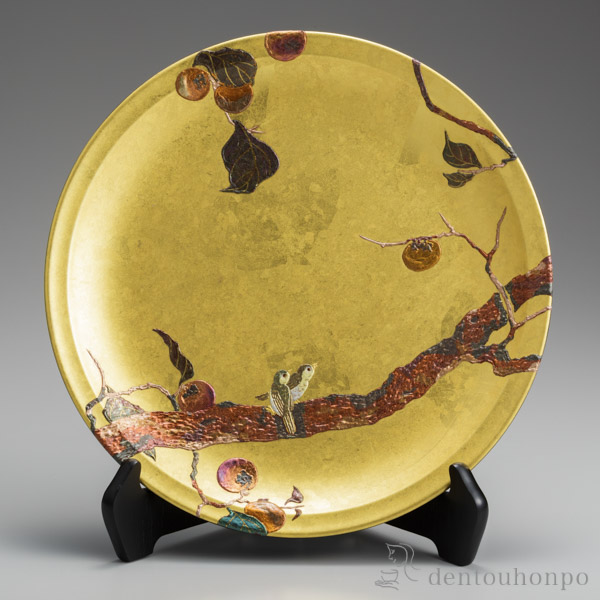 【送料無料】飾り皿 柿に目白≪3ヶ月程で出荷予定≫ ( 木札名入れ有料 置物 飾皿 スタンド 絵皿 贈り物 金沢金箔 )