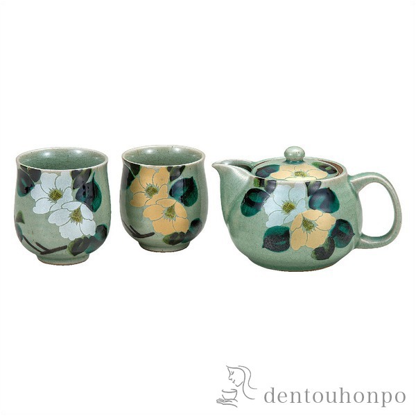 【送料無料】九谷焼 くつろぎ揃 金銀椿 セット 網付≪在庫確認後、通常即日で出荷≫ ( 茶器セット 急須 湯呑み 日本茶 中国茶 九谷焼 )