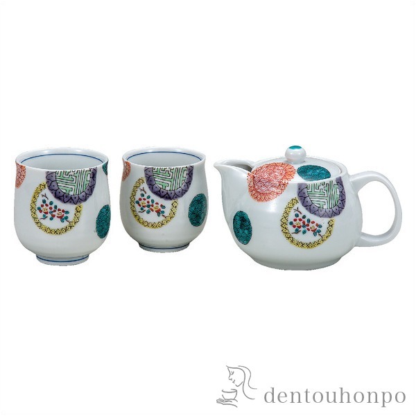 【送料無料】九谷焼 くつろぎ揃 五彩丸紋 セット 網付≪在庫確認後、通常即日で出荷≫ ( 茶器セット 急須 湯呑み 日本茶 中国茶 九谷焼 )